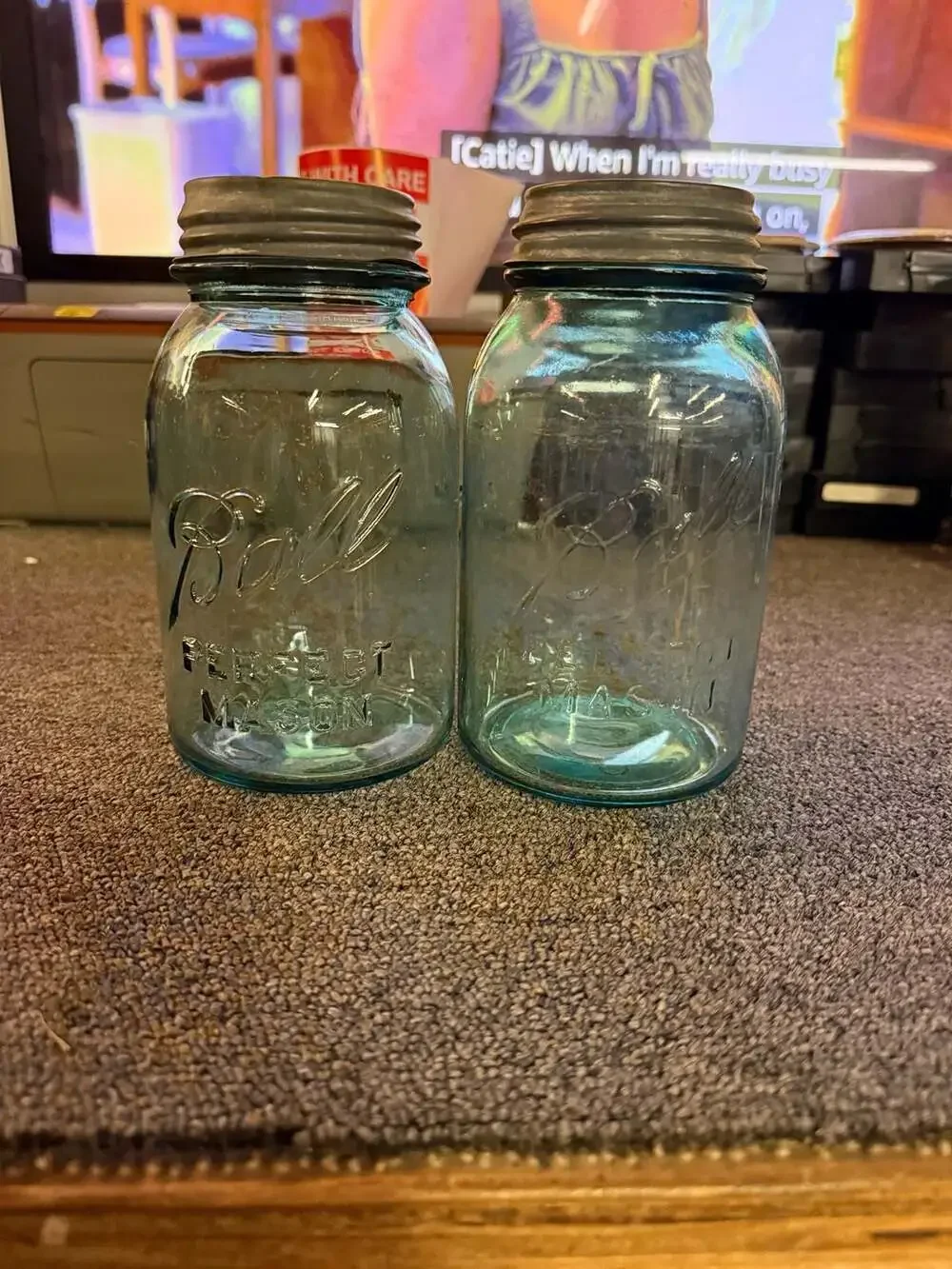 Vintage Blue Glass Mason Jars - Atlas Strong Shoulder Mason & Ball Perfect Mason